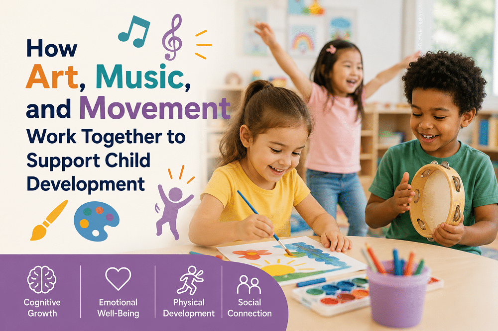 Children painting, playing music, and dancing together in a preschool classroom to support creativity, cognitive development, and social skills through art, music, and movement at ABC Great Beginnings.